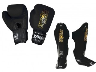 Kanong Boxing Gloves + Shin Pads : Simple Black